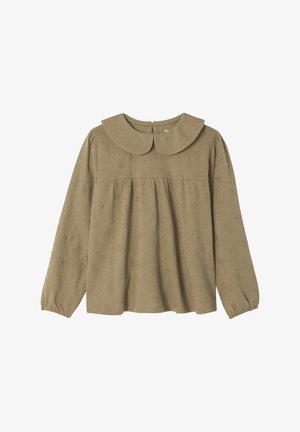Olivegrünes Langarmbluse mit großem flachem Kragen, strukturiertem Stoff mit floralen Mustern und gerafften Ärmeln an den Bündchen.