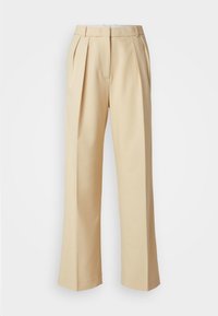 Beige Hosen mit einem geraden Bein, die über Frontfalten, einen taillierten Bund und eine glatte, weiche Textur verfügen.