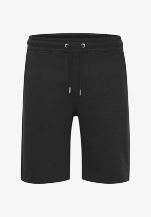 Black cotton shorts with an elastic waistband, adjustable drawstring, and side pockets. Soft texture and knee-length design.
