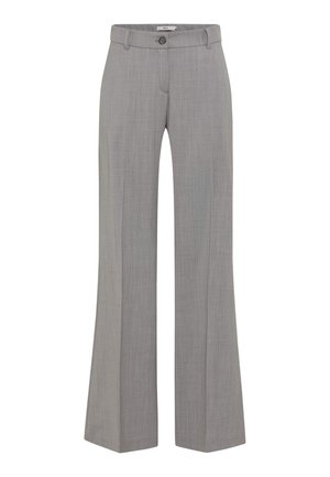 Light gray trousers with a straight-leg design, featuring a waistband with a button closure and subtle texture throughout the fabric.