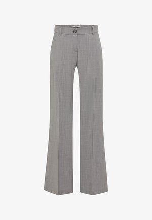 Light gray trousers with a straight-leg design, featuring a waistband with a button closure and subtle texture throughout the fabric.