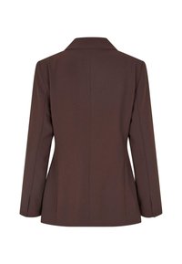 Hnědá tailored sako s výstřihovými klopy, dlouhými rukávy a přiléhavým střihem. Hladká textura s minimálními detaily na zadní části.