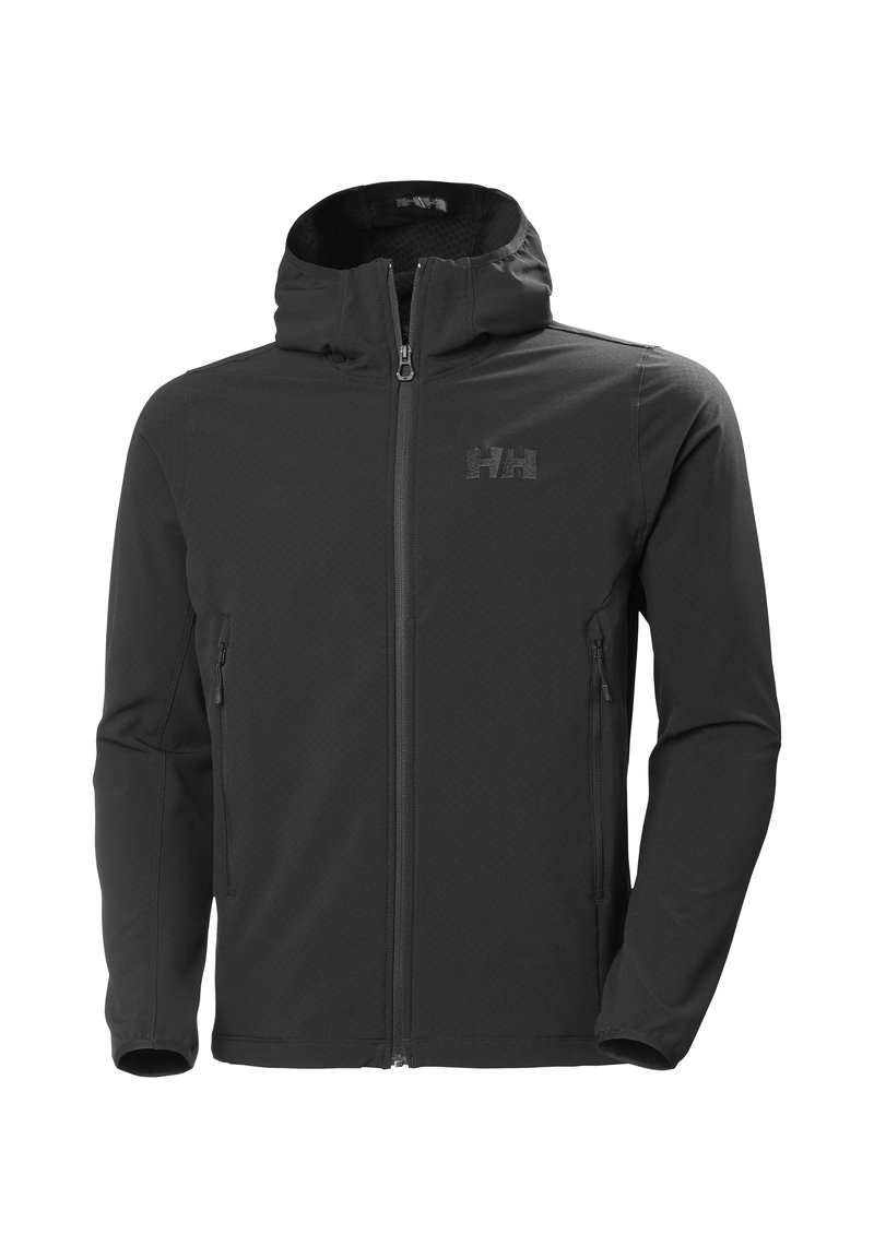 Chaqueta softshell negra con cremallera frontal, capucha ajustable y dos bolsillos laterales. Presenta un tejido texturizado y un logo en el pecho.