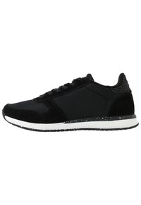 Black athletic sneakers featuring a combination of mesh and suede materials, a textured heel, and a white speckled midsole.