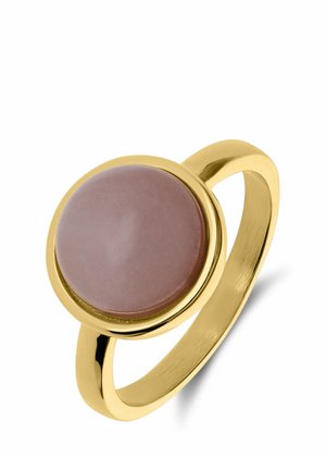 Gold band ring with a smooth round mauve stone set in a bezel setting, shown against a white background.