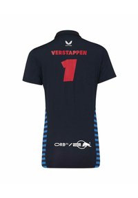 Granatowa koszulka polo z czerwonym napisem „VERSTAPPEN” i numerem „1” z tyłu. Ma niebieskie paski po bokach. Wykonana z miękkiego materiału.
