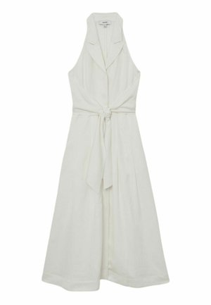 Ujjatlan fehér midi ruha, hajtókás gallérral és elöl megkötős övvel, könnyű anyagból készítve.