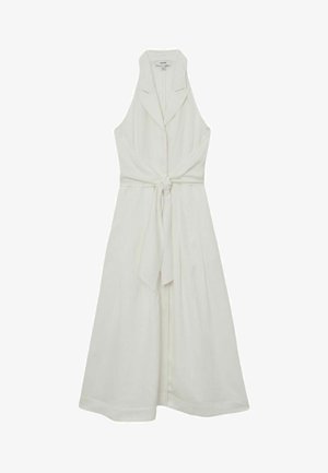 Ærmeløs hvid midi-kjole med reverskrave og bindebælte foran, lavet af letvægtsstof.