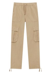 Pantalons cargo khaki avec une taille élastique, cordon de serrage réglable, deux poches latérales et deux poches cargo ; texture de tissu lisse.