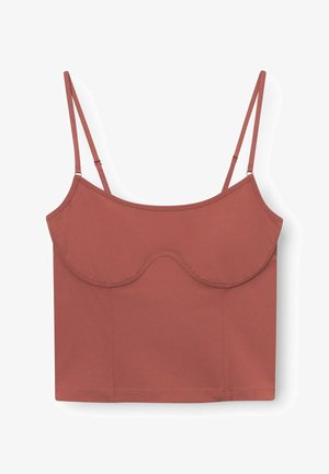 Rdzawy top na ramiączkach z cienkimi, regulowanymi paskami, z zaokrągloną linią biustu i gładką teksturą, zaprojektowany z myślą o dopasowanym wyglądzie.