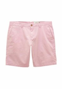 Helle rosa Baumwollshorts mit Fronttaschen und einem einzigen Knopfverschluss. Glatte Textur und maßgeschneiderter Schnitt mit geradem Fit.