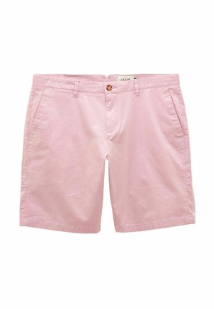 Light pink cotton shorts featuring front pockets and a single button closure. Smooth texture and tailored design with a straight fit.