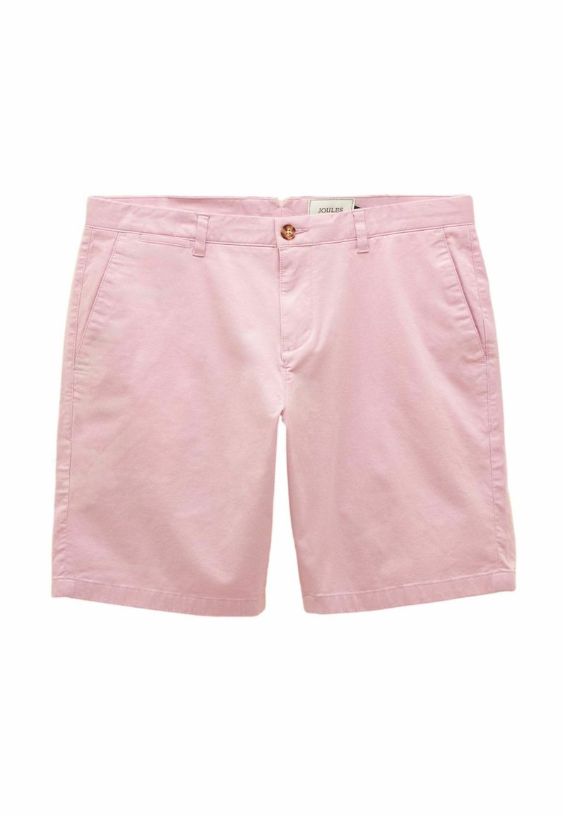 Helle rosa Baumwollshorts mit Fronttaschen und einem einzigen Knopfverschluss. Glatte Textur und maßgeschneiderter Schnitt mit geradem Fit.