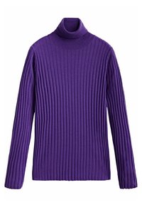 Paarse geribbelde coltrui met lange mouwen, gemaakt van zacht materiaal. Heeft een aansluitend model en textuur door verticale ribbels.