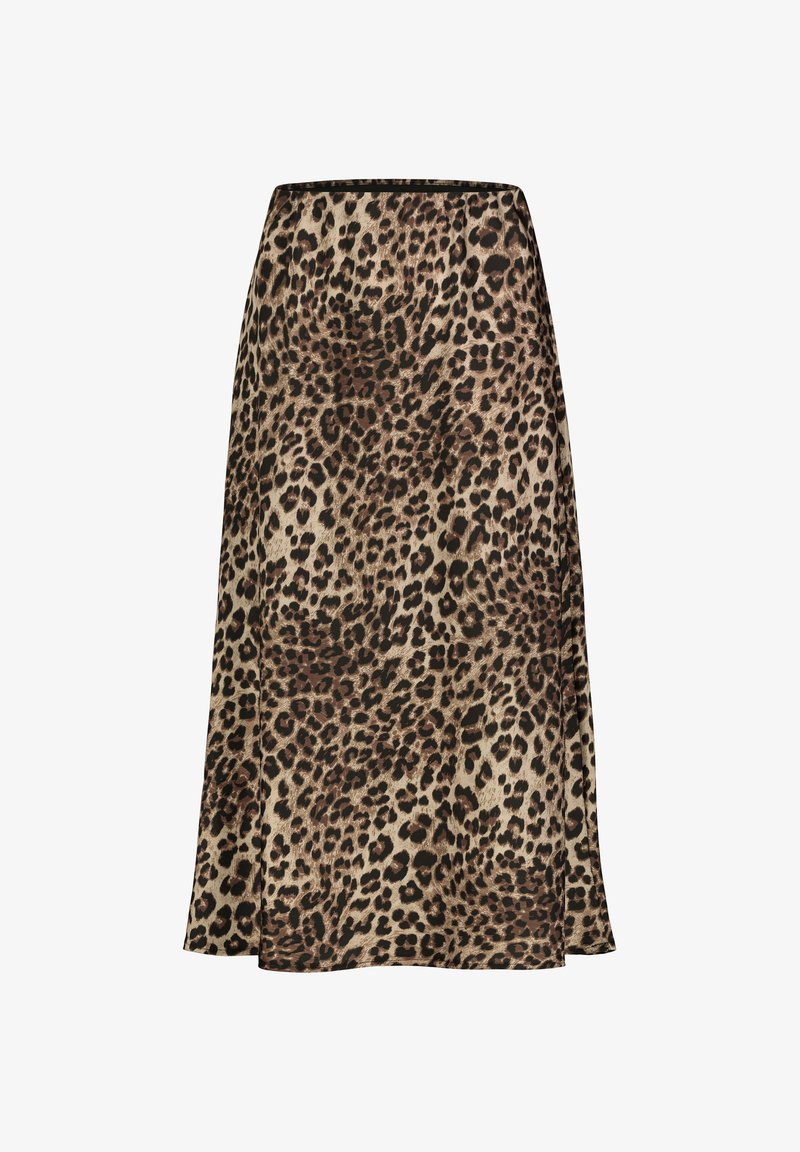 Leopardmuster-Rock mit fließendem Design, aus leichtem Stoff gefertigt. Verfügt über eine neutrale Farbpalette in Beige und Braun mit einem geraden Saum.