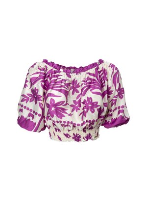 Lila bauchfreies Oberteil mit Blumenmuster, Puffärmeln und geraffter Taille. Hergestellt aus leichtem Stoff mit weicher Textur und elastischem Ausschnitt.