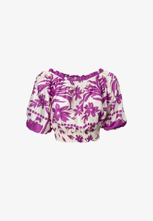 Lila bauchfreies Oberteil mit Blumenmuster, Puffärmeln und geraffter Taille. Hergestellt aus leichtem Stoff mit weicher Textur und elastischem Ausschnitt.