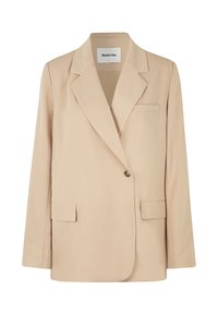 Beige blazer med en struktureret design, to forlommer, enkelt knaplukning og skarpe revers. Fremstillet af glat, letvægtsstof.