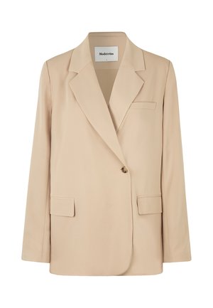 Beige blazer med en struktureret design, to forlommer, enkelt knaplukning og skarpe revers. Fremstillet af glat, letvægtsstof.
