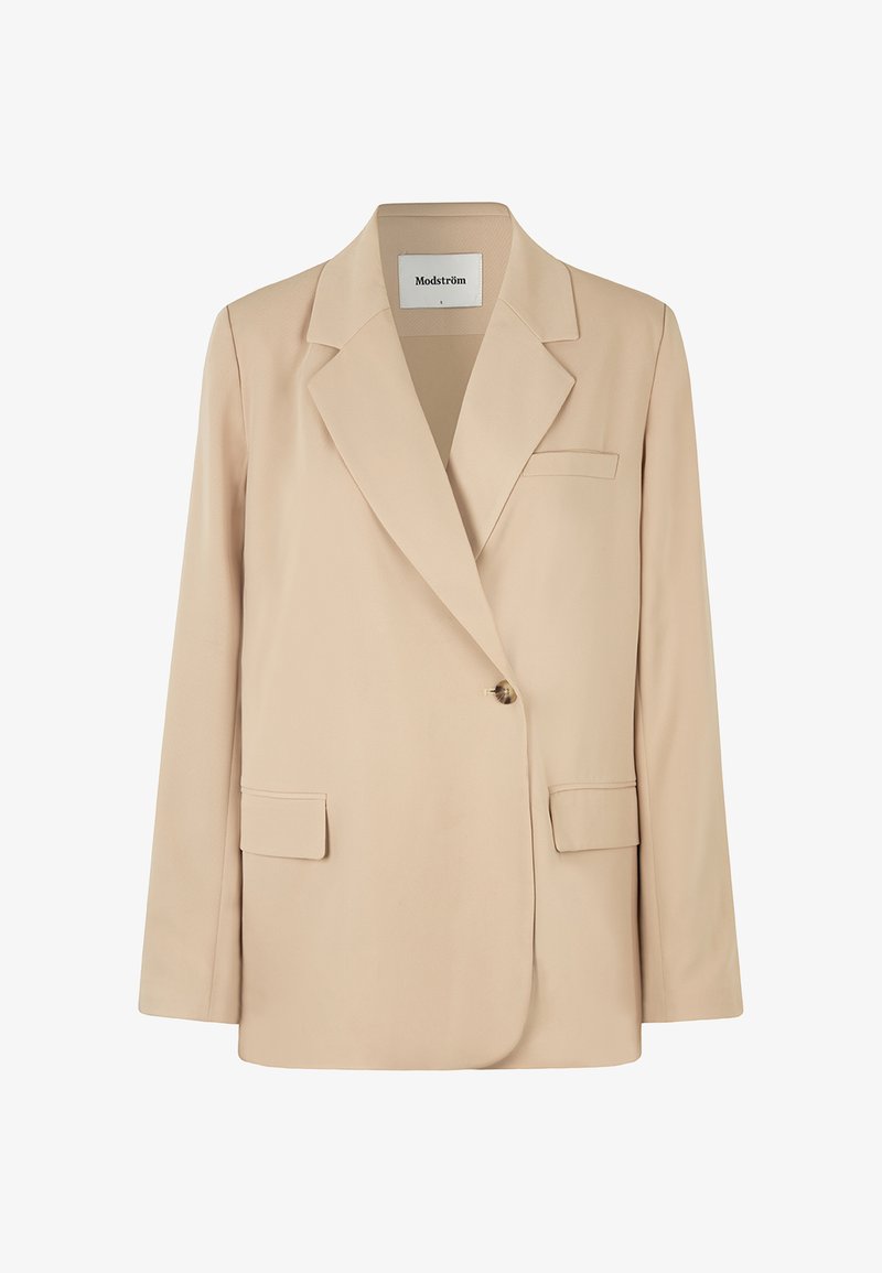 Beige blazer med en struktureret design, to forlommer, enkelt knaplukning og skarpe revers. Fremstillet af glat, letvægtsstof.