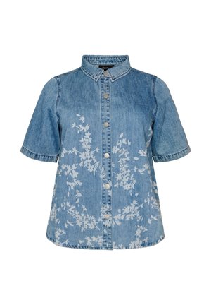 Kortærmet denimskjorte med knapper foran og hvidt blomsterprint på foran og bagpå, med klassisk krave og afslappet pasform.