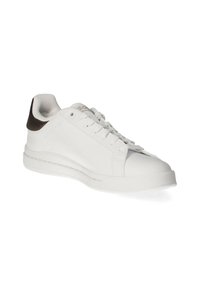 Weiße Low-Top Sneaker aus glattem Leder. Mit runder Zehenpartie, flachen Schnürsenkeln und einem braunen strukturierten Akzent an der Ferse. Gummisohle.