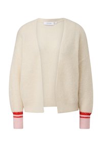Krémový kardigan s volným střihem, ribovanou texturou a kontrastními pruhovanými manžetami v růžové a červené barvě. Design s otevřeným předním dílem, bez zapínání.