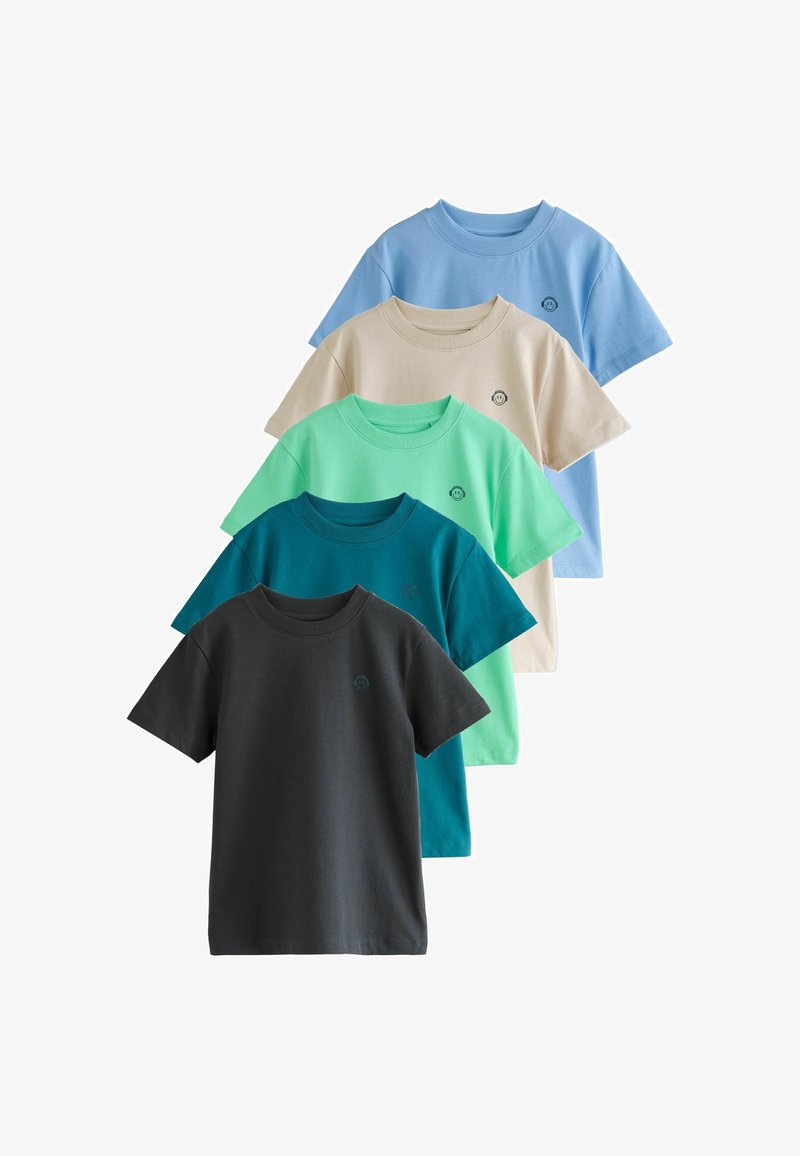 Fünf kurzärmelige T-Shirts mit Rundhalsausschnitt in Schwarz, Dunkelpetrol, Mintgrün, Beige und Hellblau, überlappend in einer gestapelten Anordnung.