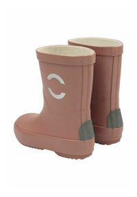 Rosa gummistövlar med rundad tå, slät yta och grå detaljer vid hälen. Har en vit logotyp på utsidan.