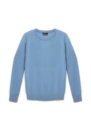 Pull bleu clair à encolure ras du cou, à manches longues, en mélange de cachemire, avec des bords côtes aux poignets et à l'ourlet, posé à plat sur un fond blanc.