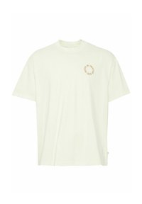 T-shirt à manches courtes et col rond en beige clair, fabriqué en coton doux, avec un motif circulaire marron sur la poitrine gauche.