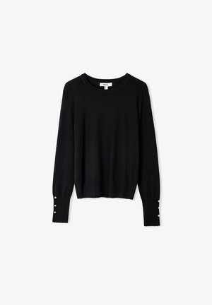 Black long-sleeve sweater in a soft texture, featuring a round neck and button accents at the cuffs. Simple and fitted design.