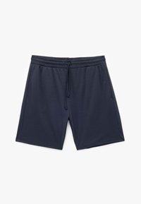 Tummansininen urheilu shortsit, joissa on joustava vyötärö ja säädettävä nauha. Ominaisuuksiin kuuluvat kaksi sivutaskua ja sileä, kevyt kangas.