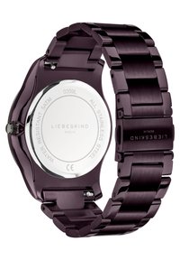 Paarse roestvrijstalen horloge met een gepolijste zilveren achterkant, met een brede band en schakeldesign. Waterbestendig tot 5 ATM.