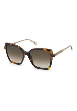 Gafas de sol cuadradas con montura marrón de carey y lentes marrones degradadas, con patillas finas de metal dorado.
