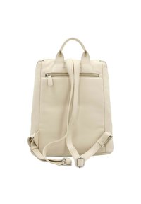 Leather backpack in light beige. Features adjustable straps, a top handle, and exterior zippered pocket. Smooth texture with minimal accents.