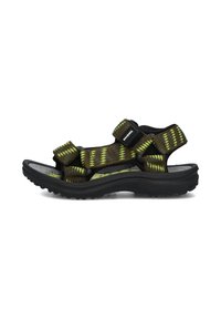 Bruine en groene sandalen met een patroon, verstelbare bandjes, zwarte rubberen zool en een getextureerde loopvlak voor grip. Lichtgewicht ontwerp.