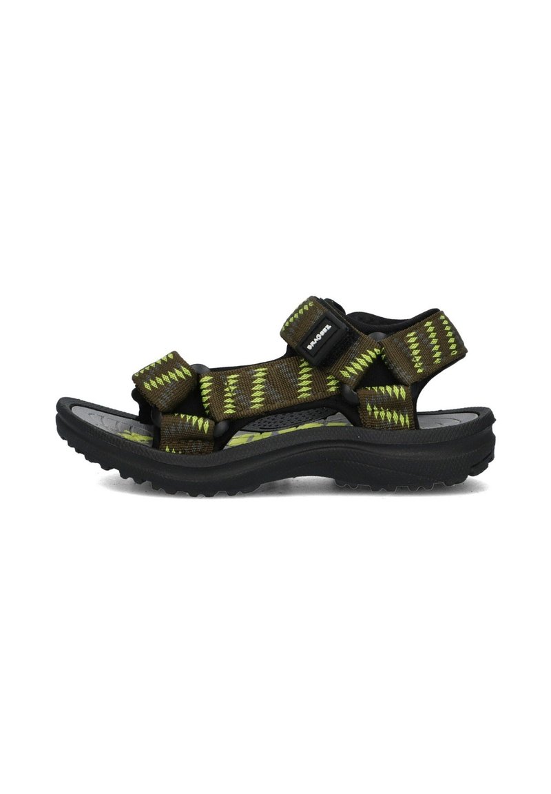 Bruine en groene sandalen met een patroon, verstelbare bandjes, zwarte rubberen zool en een getextureerde loopvlak voor grip. Lichtgewicht ontwerp.