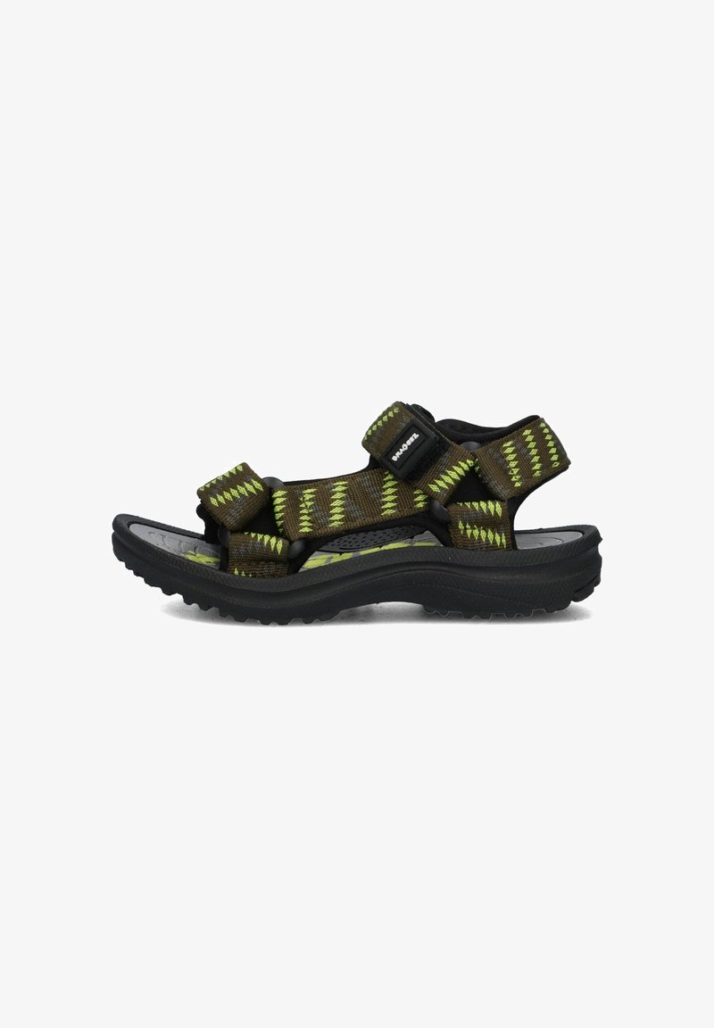 Bruine en groene sandalen met een patroon, verstelbare bandjes, zwarte rubberen zool en een getextureerde loopvlak voor grip. Lichtgewicht ontwerp.