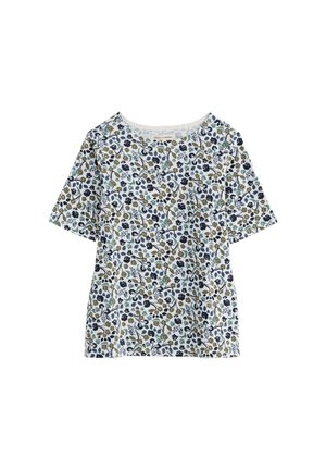 Chemise blanche à manches courtes avec motif floral en vigne bleu marine, vert et beige, encolure ronde et coupe décontractée.