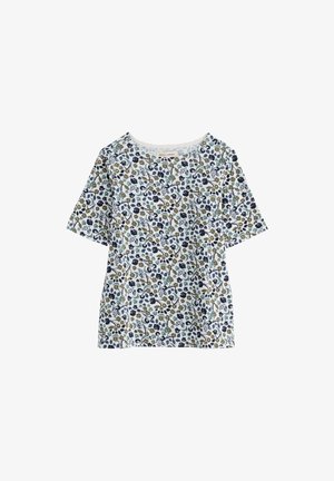 Wit overhemd met korte mouwen, voorzien van een bloemrankenpatroon in marineblauw, groen en beige, ronde hals en een comfortabele pasvorm.