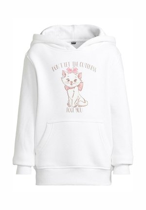 Hoodie blanc en mélange de coton, avec une poche avant, des poignets côtelés et un design imprimé d'un chat avec un nœud rose et du texte.