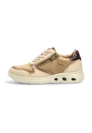 Zapatilla beige y marrón claro con cremallera lateral, cordones en la parte delantera, suela acolchada y detalle de estampado de leopardo en el cuello del talón.