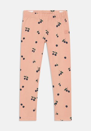 Light pink leggings with a repeating navy blue cherry print. Made of soft material, featuring an elastic waistband for comfort.