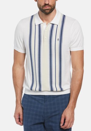 White short-sleeve polo shirt with vertical navy and light beige stripes, featuring a classic collar and a small penguin logo on the chest.