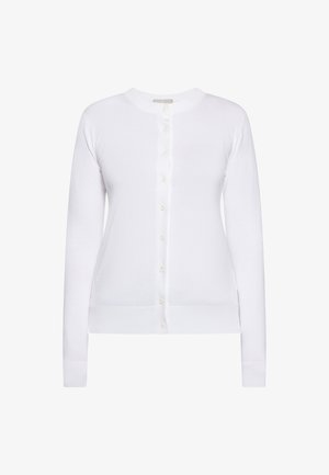 Biały kardigan wykonany z miękkiego materiału, z okrągłym dekoltem, pełnym zapięciem na guziki z przodu oraz długimi rękawami z prążkowanymi mankietami.