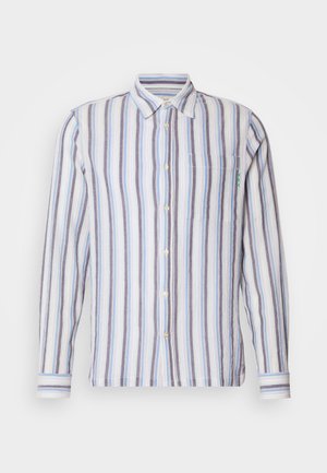 Striped long-sleeve shirt featuring alternating blue, white, and gray stripes. Button front, single chest pocket, and green embroidered detail.