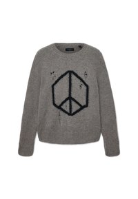Maglione grigio a maglia con un simbolo di pace geometrico nero sul davanti e buchi consumati voluti in tutta la superficie.