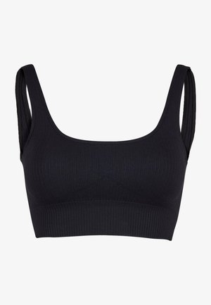 Brassiere nera a costine con spalline larghe, caratterizzata da una texture liscia e un design aderente. Ideale per un comfort quotidiano e per un uso regolare.
