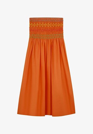 Gonna di cotone arancione con vita arricciata e ricami multicolori. Design a campana con una trama liscia, taglio a lunghezza del ginocchio.